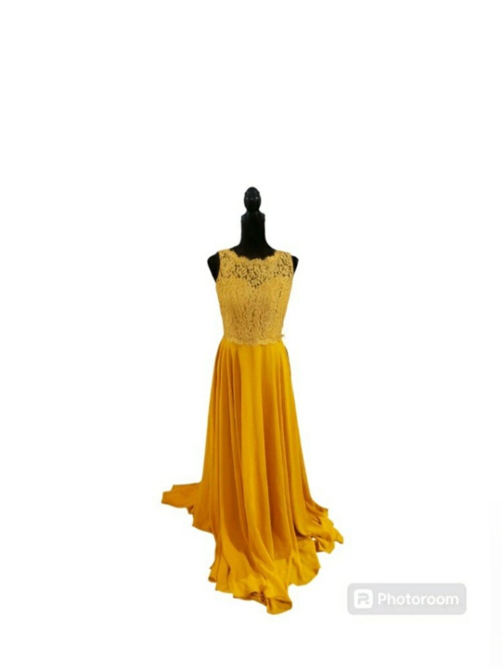 Stacees bridesmail marigold with lace & sheer Maxi dress NWT